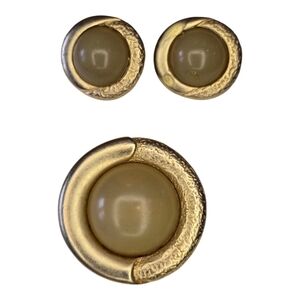 Ernst Gideon Bek Olive Green Goldtone Vintage Brooch Earring Set